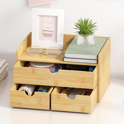 Wisuce Desk Organizer with Drawers - Bamboo Desktop Organizer Storage Natural Wood Desk Drawers Organizer for Bills, Office Supplies, Cosmetics, Seals No Assembly Required 3 Drawers（left-right)