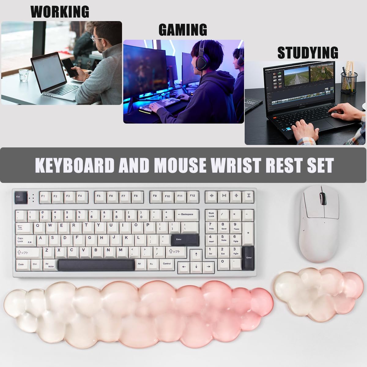 Gel Keyboard and Mouse Wrist Rest Set – Clear Cloud Wrist Rest for Computer Keyboard 60%/68%/75%, Comfort & Support for Typing and Gaming(Purple Green)