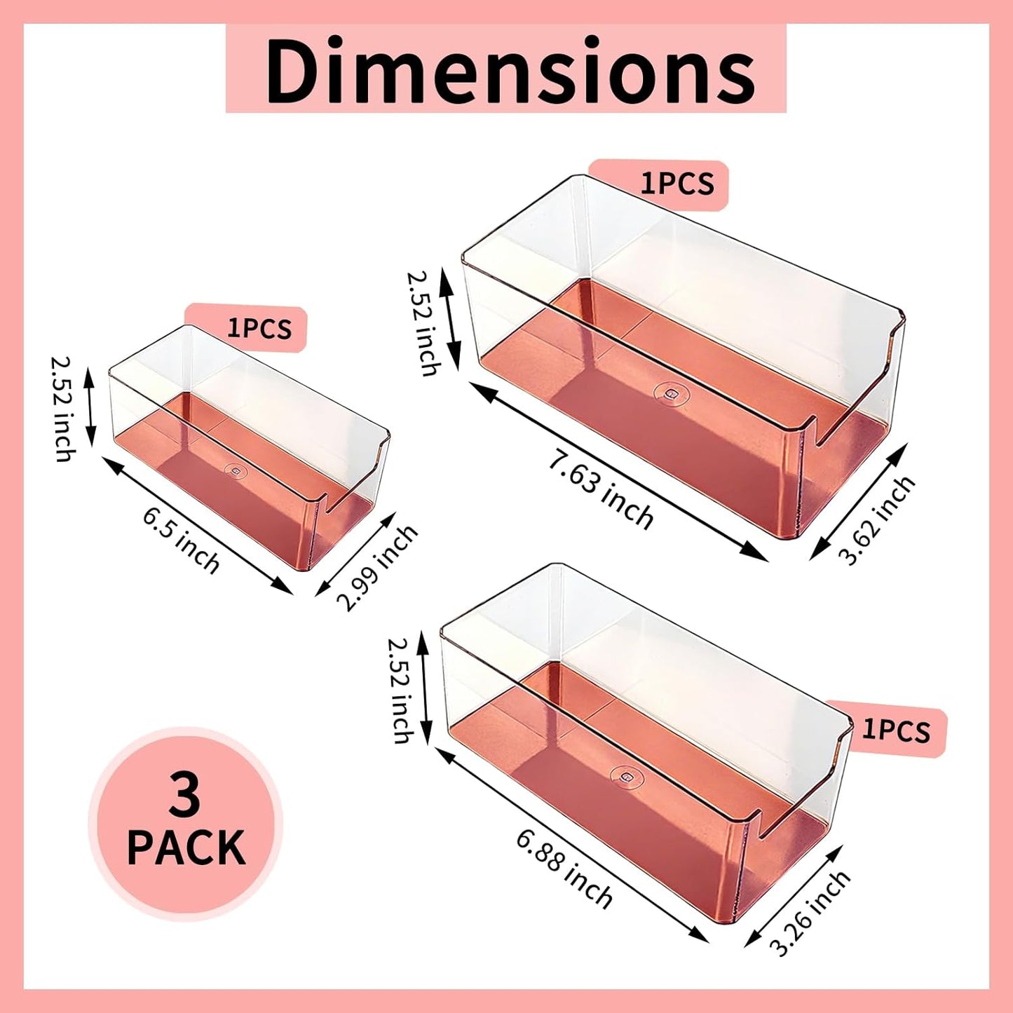 3pcs Plastic Drawer Organizer, 3 Sizes Desk Drawer Divider Organizers and Containers for Makeup, Jewerly, Kitchen drawer organizers, Bedroom, Bathroom, Office supply for storage (Gold)