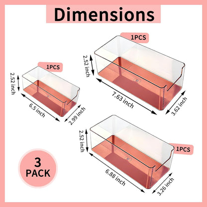 3pcs Plastic Drawer Organizer, 3 Sizes Desk Drawer Divider Organizers and Containers for Makeup, Jewerly, Kitchen drawer organizers, Bedroom, Bathroom, Office supply for storage (Gold)