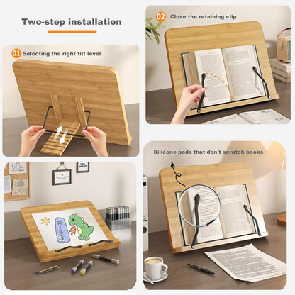 Recipe Book Holder,Cookbook Stand Wood Cookbook Holder for Kitchen, Adjustable Angle and Page Paper Clips,Magazine Holder for Desk, Laptop Stand, Tabletop Easel (Wood, S(11'' x 7.9''))