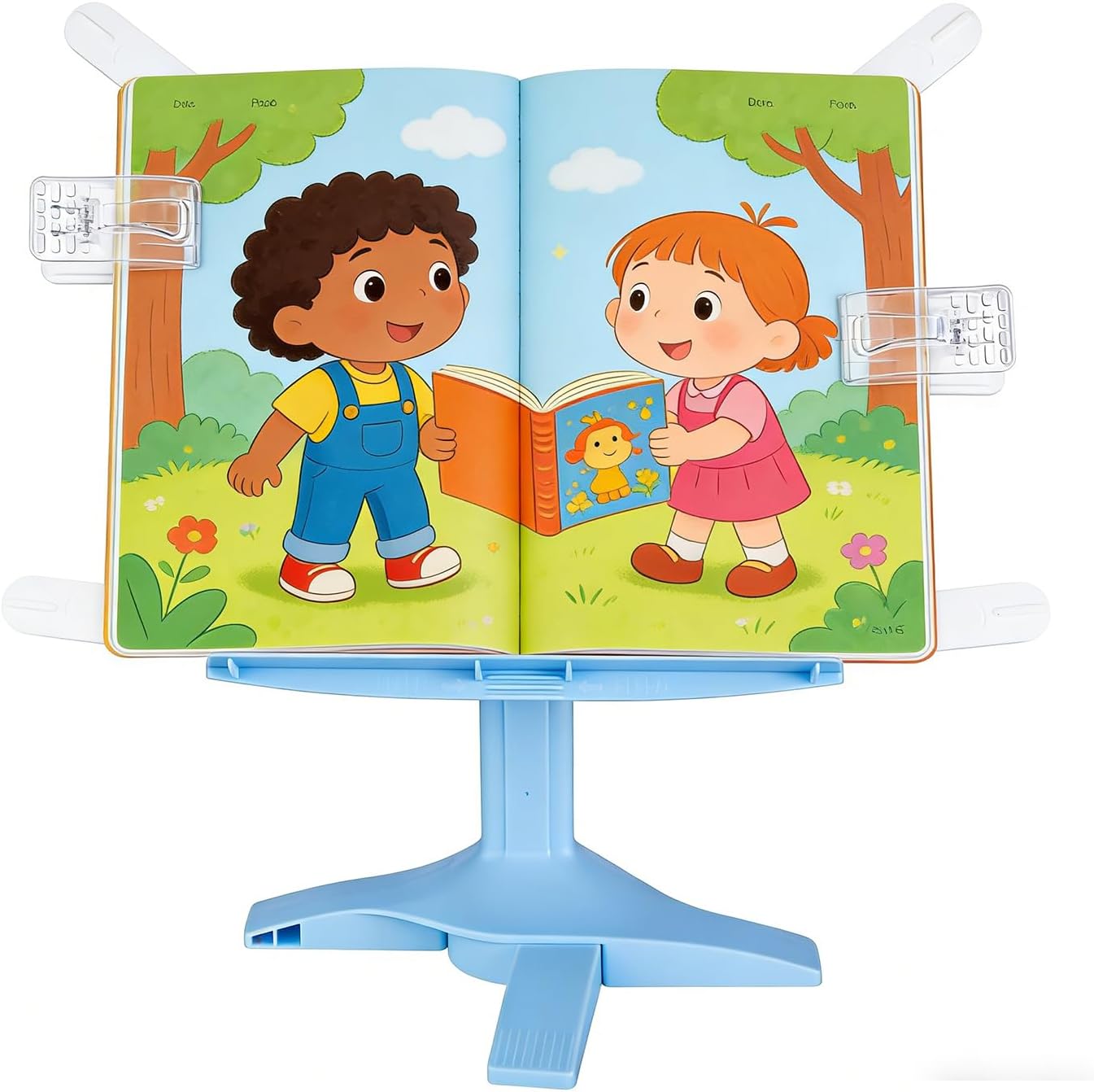 Book Stand for Desk, Kids Book Stand Adjustable Shelf Thick Base Foldable Riser Holder, Portable Desktop with Elastic Page Clips Gift for Children (Pink)