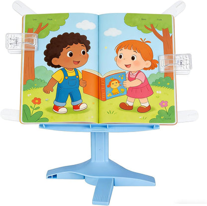 Book Stand for Desk, Kids Book Stand Adjustable Shelf Thick Base Foldable Riser Holder, Portable Desktop with Elastic Page Clips Gift for Children (Pink)