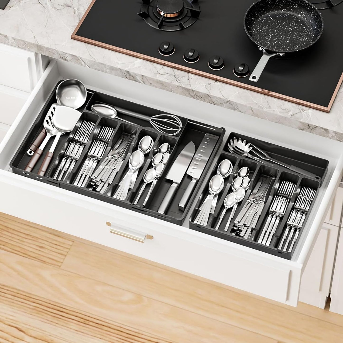 Yieach Clear Expandable Silverware Drawer Organizer - Adjust From 11'' to 22'' - Knife,Cutlery,Spoons and Forks Organizer,Large 8 Grid Flatware,Silverware Tray,Utensil Organizer for Kitchen Drawers