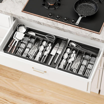 Yieach Clear Expandable Silverware Drawer Organizer - Adjust From 11'' to 22'' - Knife,Cutlery,Spoons and Forks Organizer,Large 8 Grid Flatware,Silverware Tray,Utensil Organizer for Kitchen Drawers