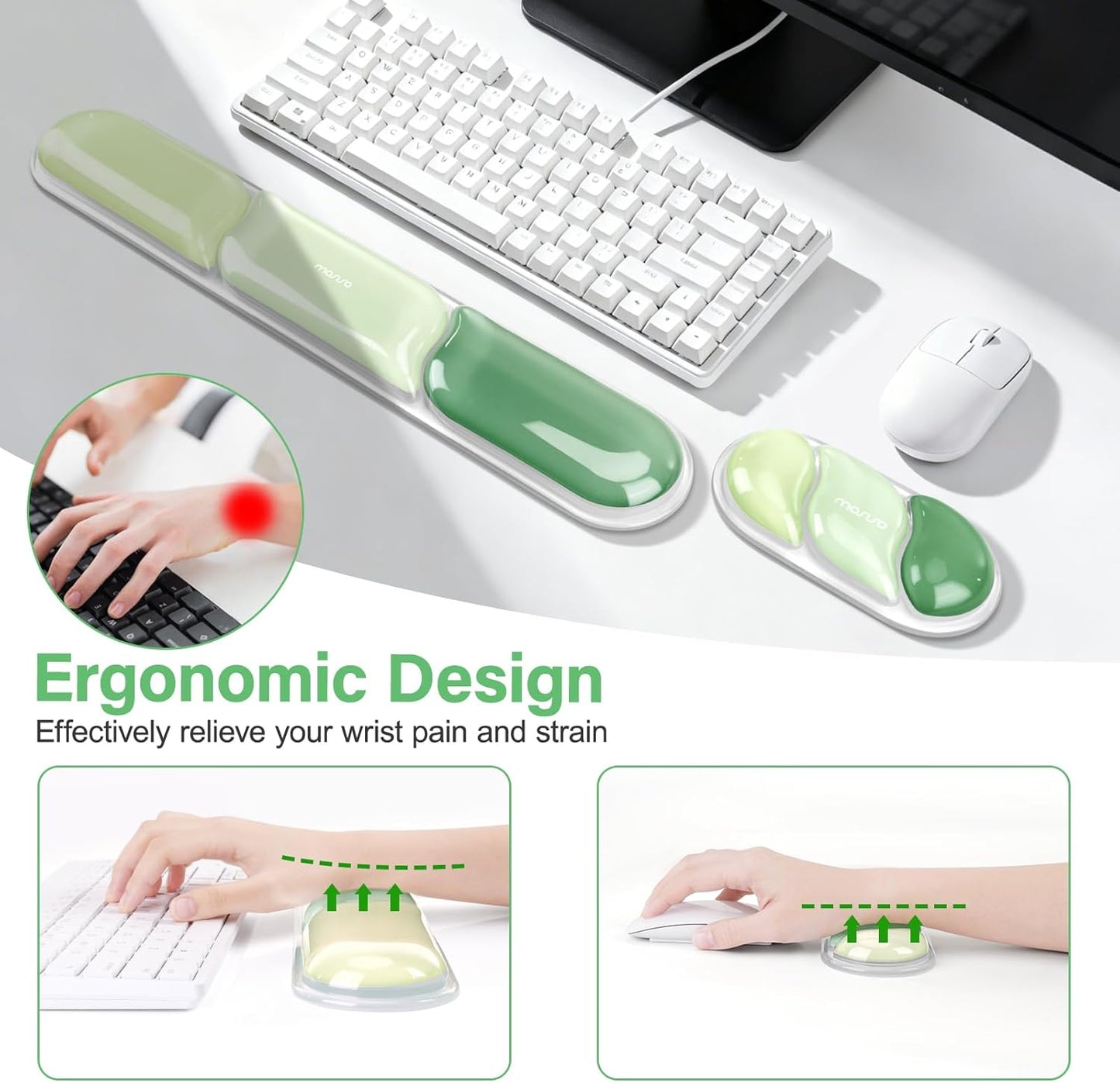 MOSISO Gel Keyboard Wrist Rest&Wrist Support for Mouse, Streamlined Ergonomic Soft Cooling Gel Mousepad Pain Relief Easy Typing Pad Non-Slip Computer Laptop Home/Office, Green