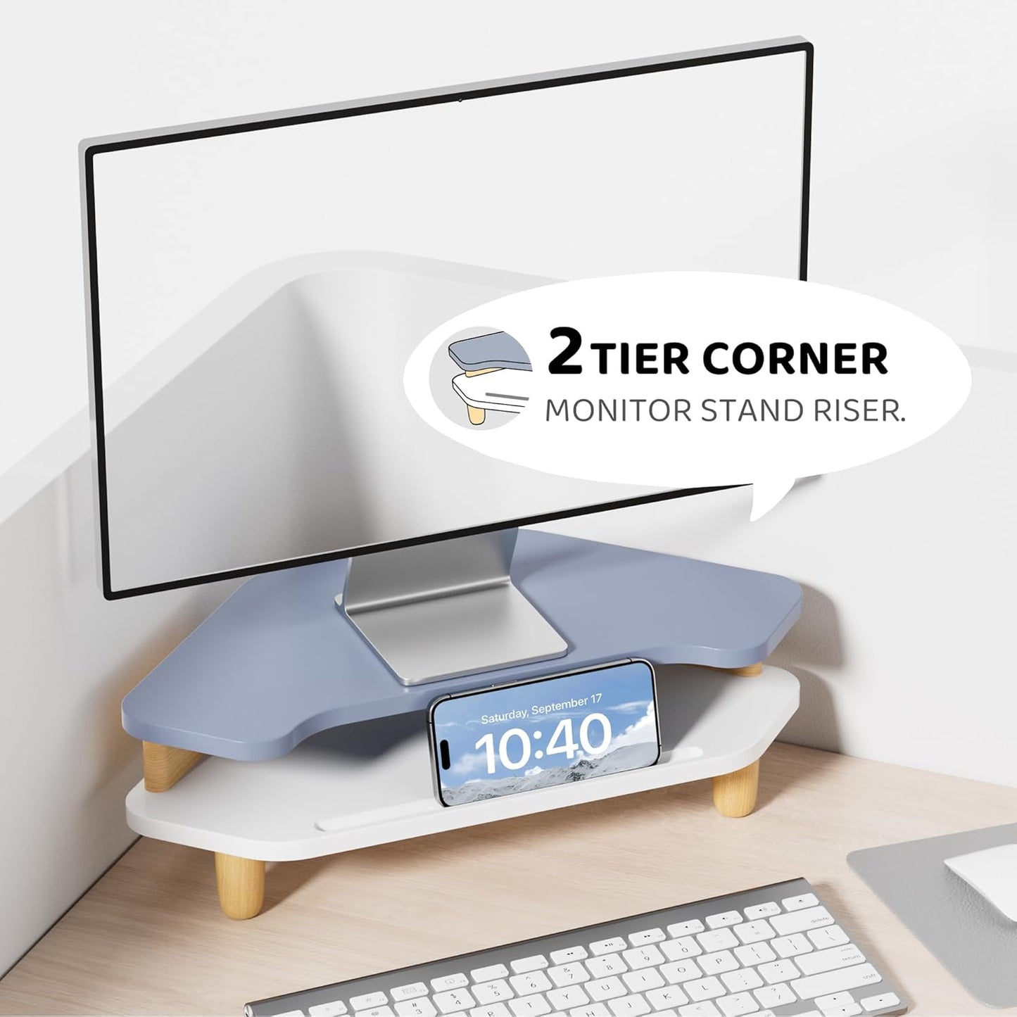 AFOOYO Monitor Stand Riser,2 Tier Corner Wood Sturdy 16.5In Computer Stand, Multi-Purpose Desktop Storage Stand for Laptop,PC,iMac,Printer,Computer,White