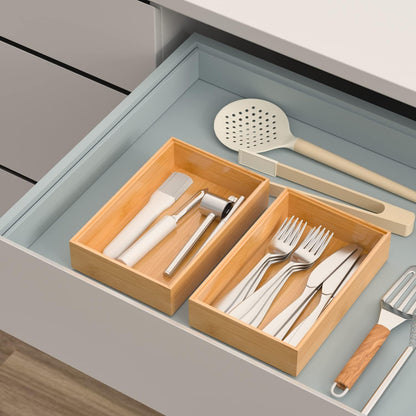 VeyFey Bamboo Drawer Organizer, Stackable Utensil Organizer for Kitchen, Bamboo Storage Box Wood Silverware Tray for Drawer 15" x 6" x 2" Set of 2