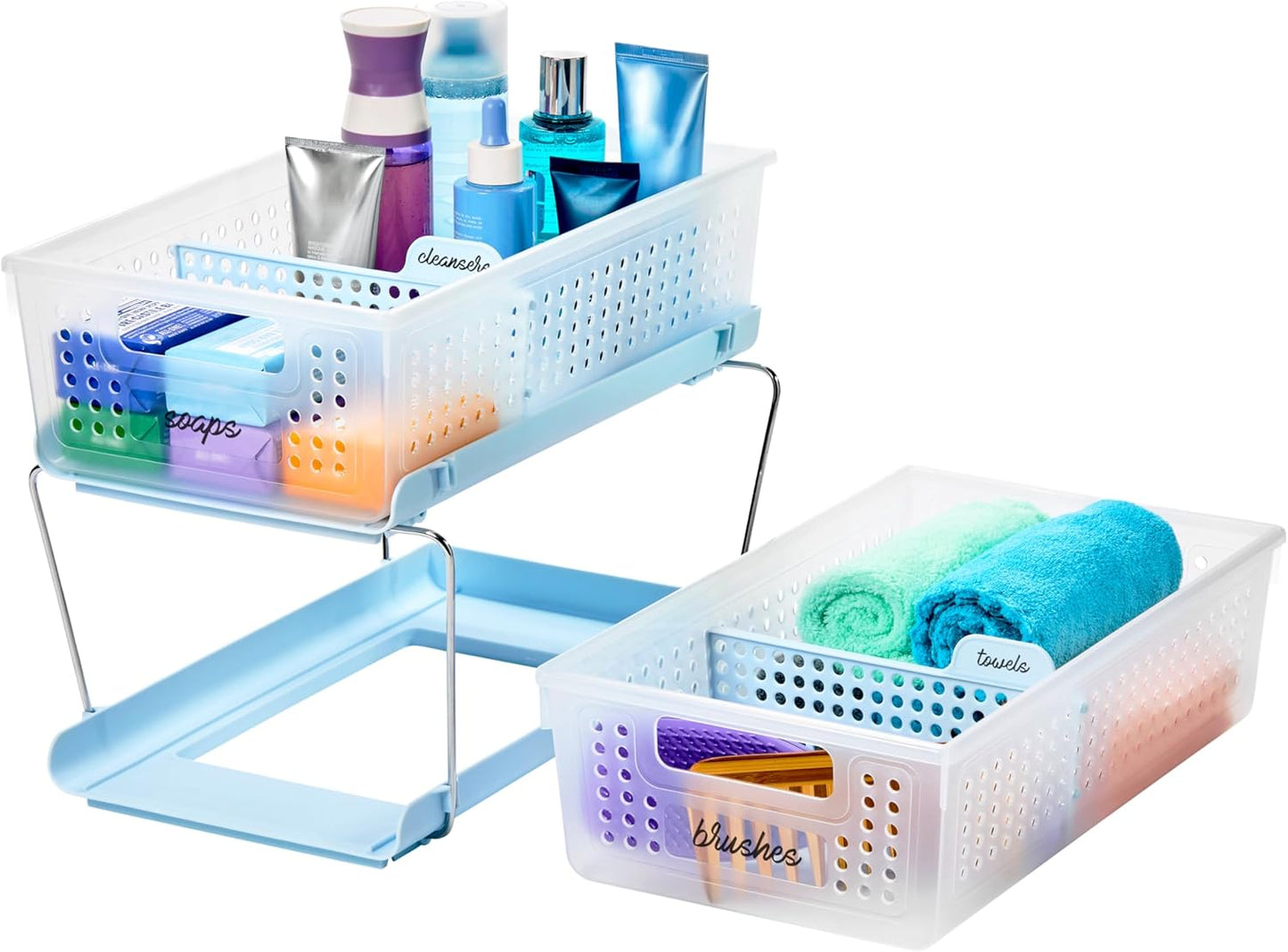 madesmart Two-Tier Bathroom Cabinet Organizer, Sliding Drawer Storage for Bottles, Sponges & Cleaning Supplies, Blue
