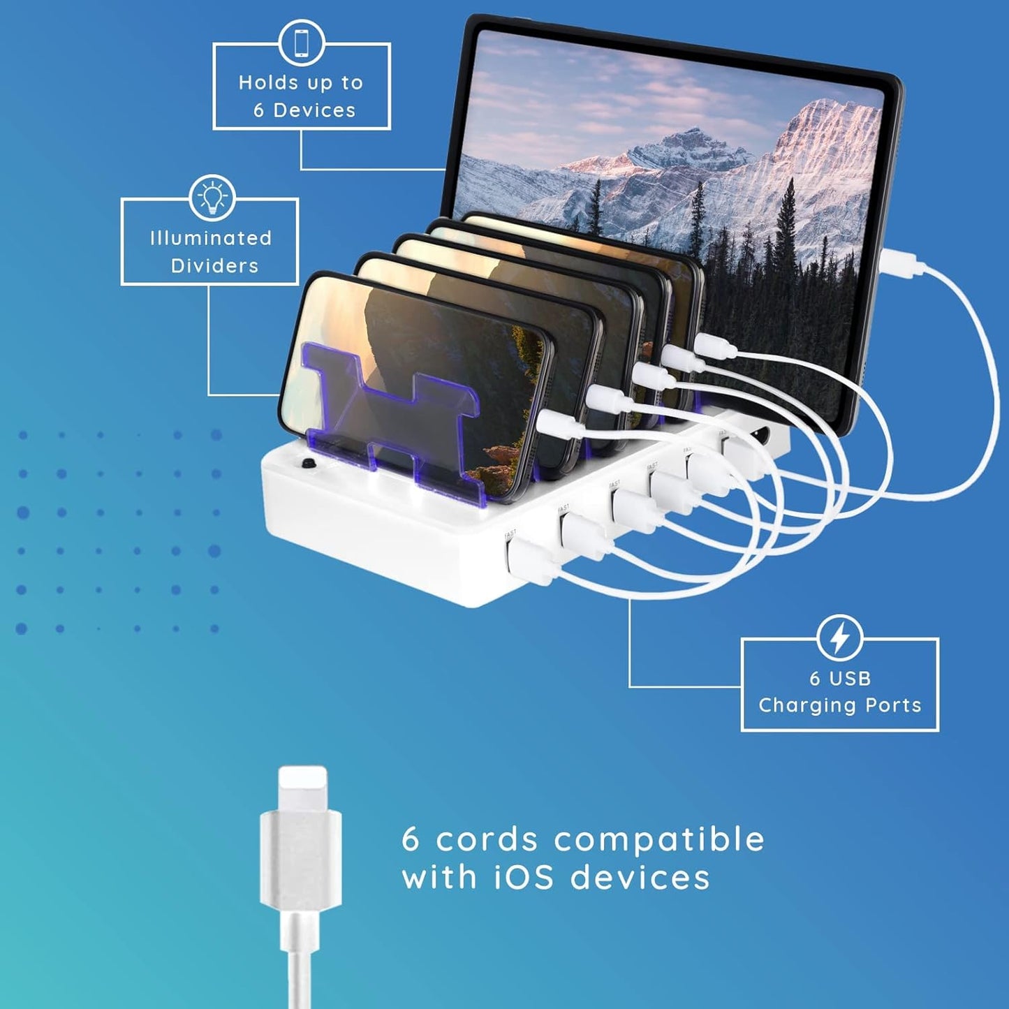 Charging Station for Multiple Devices – 6-Port USB Charging Dock for Apple & Android – Fast Multi-Charger Organizer for Phones, Tablets & More – Universal Desktop Charging Hub with Smart IC Tech