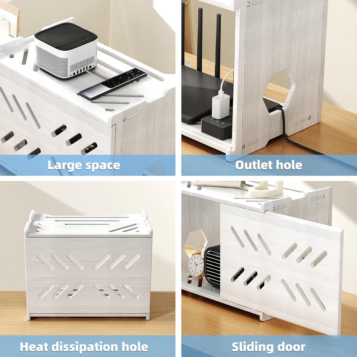 Solid Wood Projector Shelf Router Shelf Projector Stand Router Storage Box Router Cover Organized Modem Cable Power Strip Cable Management Hider Rack by Need Assembly (White)