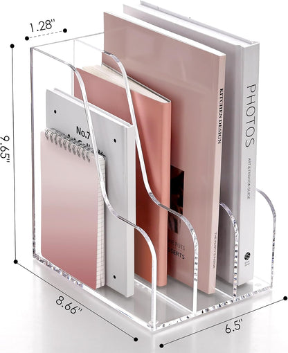 SANRUI Acrylic File Organizer, Clear Magazine File Holder Desk Organizer for Office Organization and Storage with 5 Vertical Compartments, Desktop Bookshelf for Home Office Organization