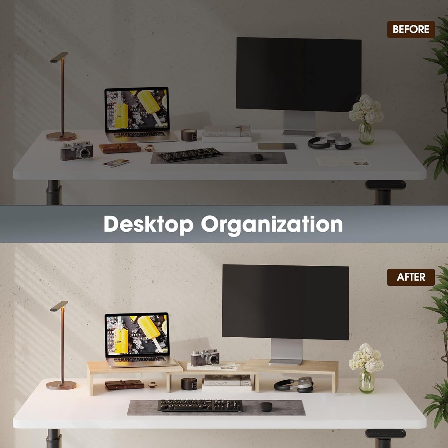 FITUEYES Dual Monitor Stand – 3 Shelf Computer Monitor Riser, Wood Desktop Stand with Adjustable Length and Angle, Desk Accessories, Office Supplies Medium Black,DT108001WB