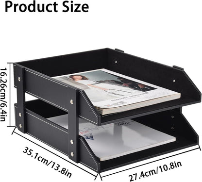 Leather Desk Organizer,2-Tier Stackable Letter Tray Holder,Office Supplies Desktop Storage Box for Document,Stationery,Magazines,Newspapers,Letters and Other Home Office Paper Sundries,Black