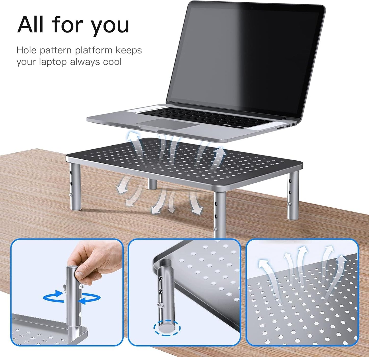 HUANUO Monitor Stand, Monitor Stand Riser 3 Height Adjustable, Monitor Riser with Airflow Vents, Laptop Stand for Desk, Laptop Riser, Desk Organizer for Monitor, 15.6" Laptop, PC, Printer