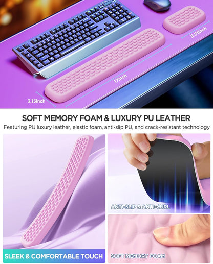 Lekvey Ergonomic Keyboard Wrist Rest - Memory Foam with Massage Points & Waterproof PU Leather Wrist Pad, Carpal Tunnel Support for Office Computer/Gaming, Typing Pain Relief, Easy-Clean（Rose Pink）