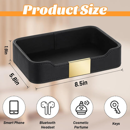 Luxury Leather Valet Tray Desktop Storage Organizer, Bedside Vanity Catchall Tray Nightstand Caddy Holder for Cosmetic, Jewelry, Watch, Keys, Phone,Wallet, Remote Controller, Pen (Black)