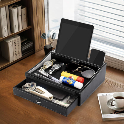 Baoyun Gifts for Dad Mens Nightstand Organizer, Jewelry Box for Men, Mens Dresser Organizer Countertop, Large Capacity Leather Valet Tray for Phones Pad Wallet Key Christmas Gifts for Men