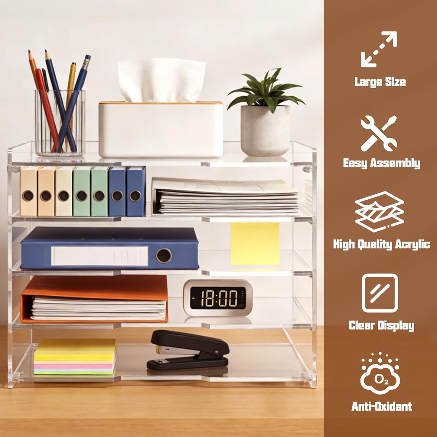 Leffis 5 Tier Acrylic Desk Organizer, Clear Paper File Folder Holder Letter Tray, Desktop Document Sorter for Office Home School Classroom, Tiered Storage Rack for Papers Bills Mail Supplies