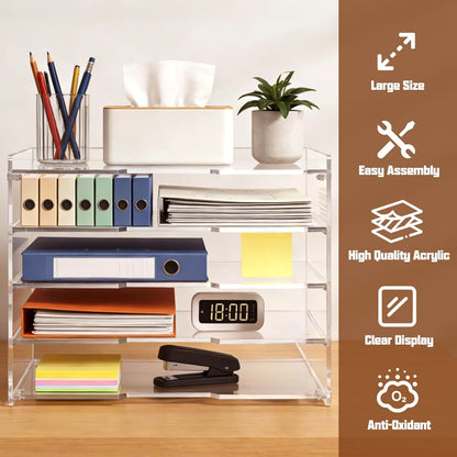 Leffis 5 Tier Acrylic Desk Organizer, Clear Paper File Folder Holder Letter Tray, Desktop Document Sorter for Office Home School Classroom, Tiered Storage Rack for Papers Bills Mail Supplies
