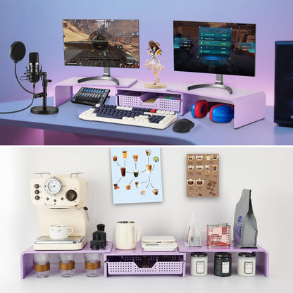 LEKETREE Dual Monitor Stand Riser with Drawer, Desk Organizer and Accessories, Pink Monitor Stand for Desk, Desktop Stand for Computer, Laptop, TV and More (Pink)