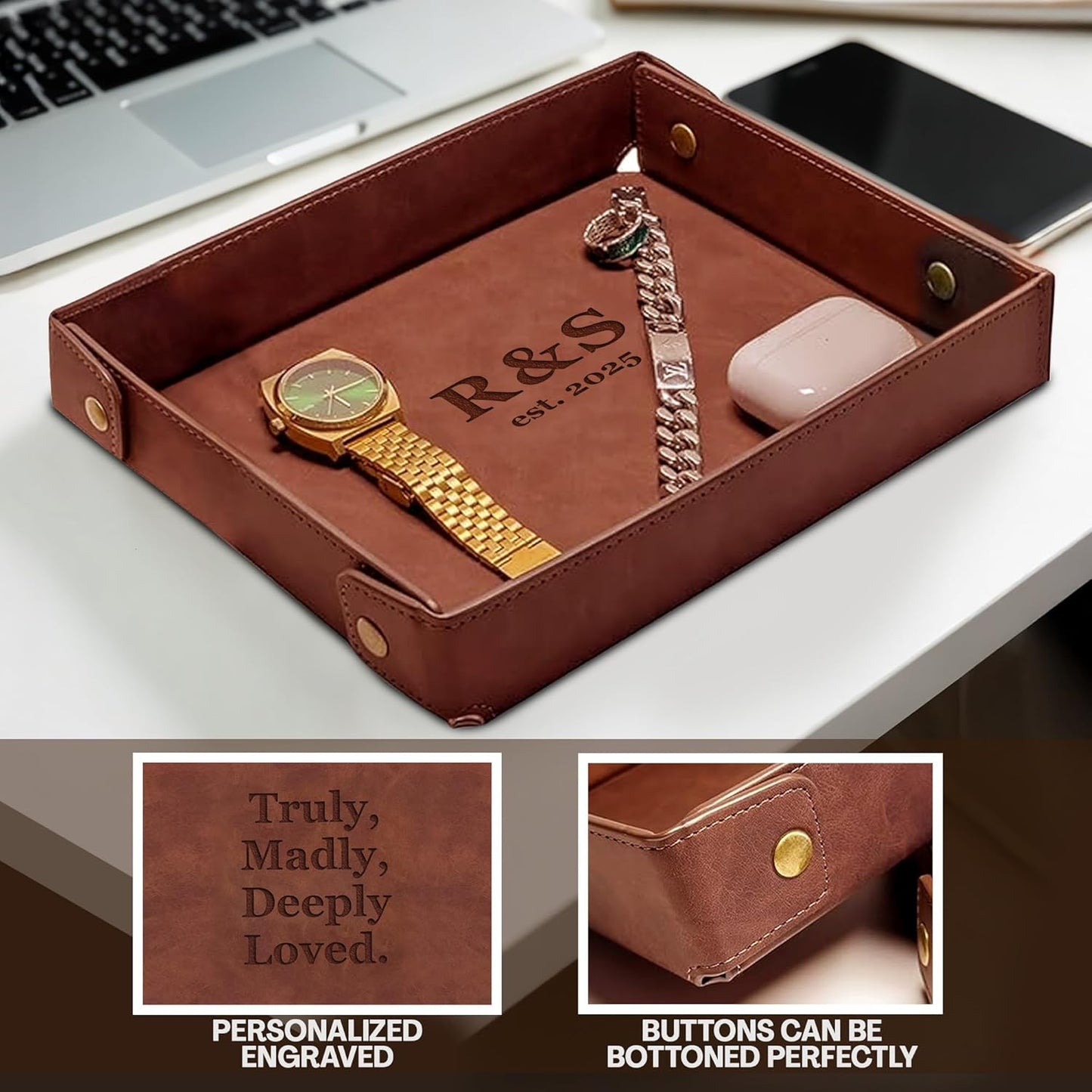 Engraved Leather Valet Tray for Men – Personalized Catchall with Custom Name for Desk, Dresser, Nightstand – Men's Organizer Tray for Keys, Wallet, Jewelry, Personalized Gift for Home, Office - Coffee