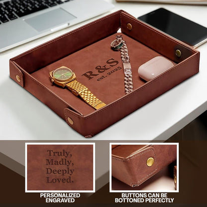 Engraved Leather Valet Tray for Men – Personalized Catchall with Custom Name for Desk, Dresser, Nightstand – Men's Organizer Tray for Keys, Wallet, Jewelry, Personalized Gift for Home, Office - Coffee