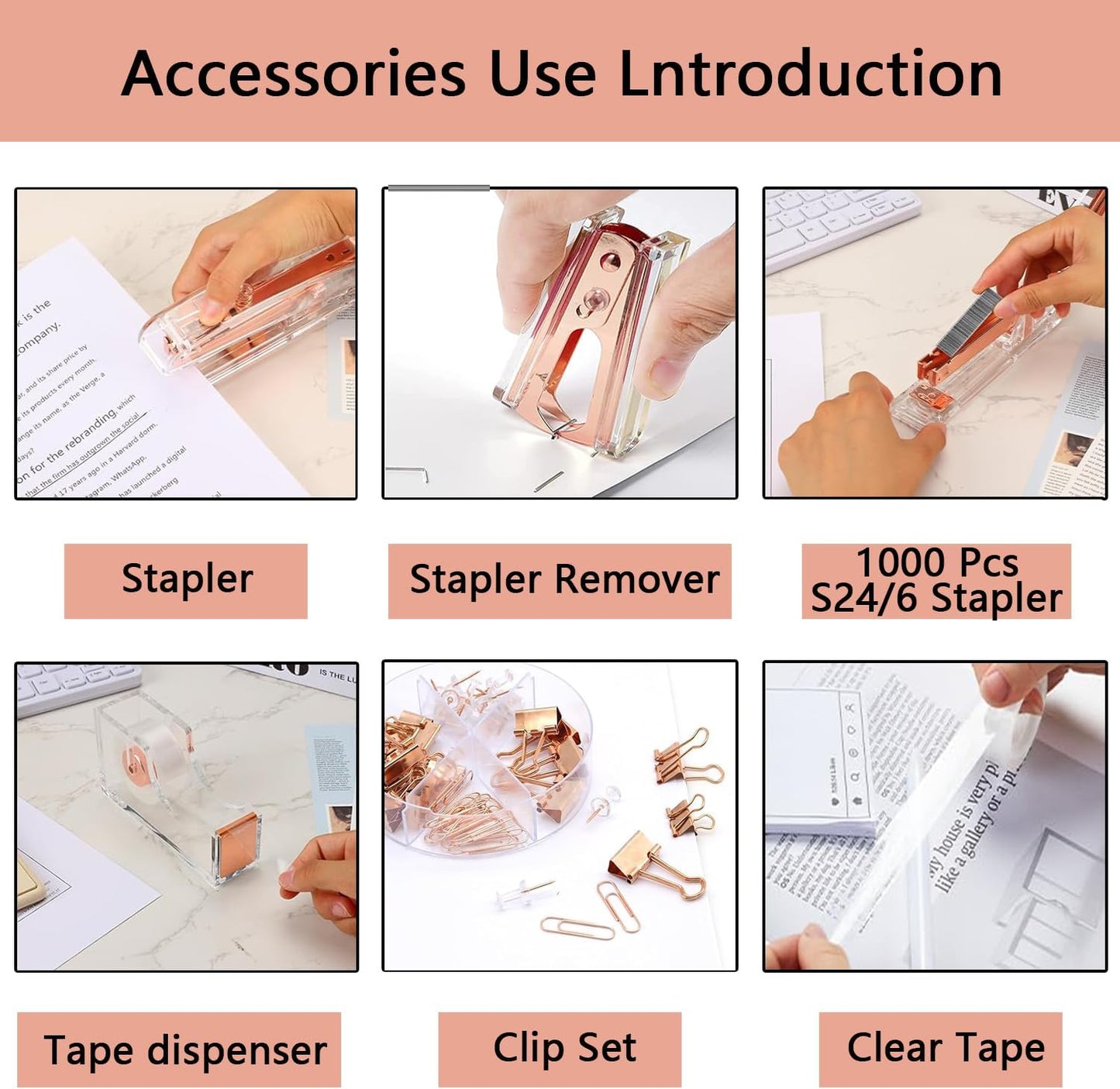 suniya Office Supplies,Gold Desk Accessories,with Stapler,Tape Dispenser,Pen Holder,Scissors,Phone Stand,Staple Remover,Ballpoint Pen,Clear Tape, Staples,Ruler,Clips,Best Gift for Business or Boss
