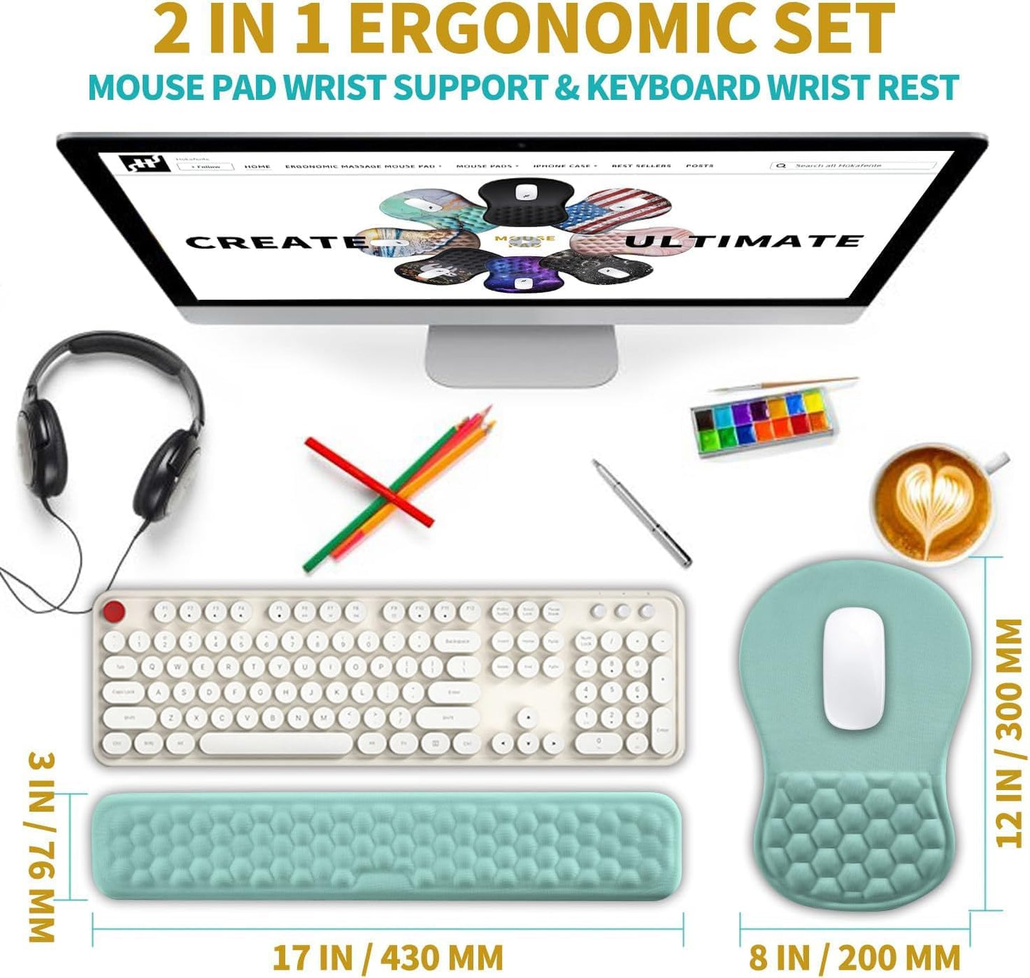 Hokafenle 2 in 1 Ergonomic Mouse Pad Wrist Support & Wrist Rest for Computer Keyboard Set, with Relieve Carpal Tunnel Pain Massage Bulge and Full Memory Gel Design (2In1 Set, Light Green)