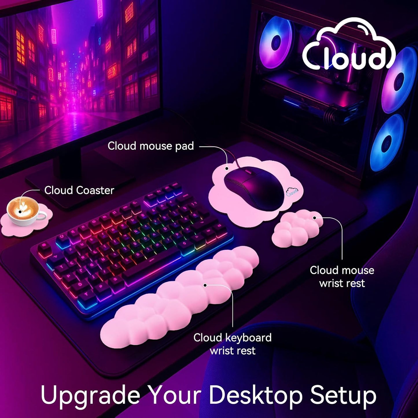 Sushret Cloud Wrist Rest for Computer Keyboard, 4-in-1 Memory Foam Leather Cloud Keyboard Wrist Rest and Mouse Pad Set with Ergonomic Support for Arm and Palm Cushion, Gaming/Work Setup, Rainbow