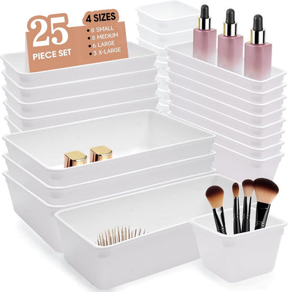 Clear Acrylic Drawer Organizers Set Storage for Makeup, Office Desk Small Vanity Trays for Drawer Bathroom Plastic Make up Organizers 25 Pcs