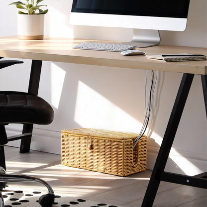 Cable Management Box, Handwoven Synthetic Rattan Cable Organizer, 2 Side Open Slots Cords Hider Box, Under Desk Cord Organizer for USB Wire, TV PC Charger & Power Strip, Natural