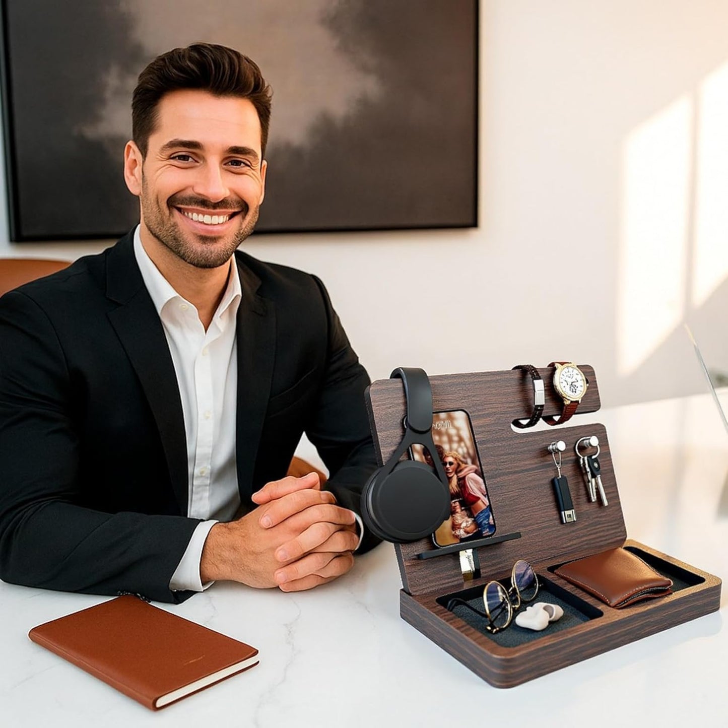 Namore Nightstand Organizer for Men – Wood Phone Docking Station & Bedside Valet Tray Organizer for Wallet, Watch & Keys – Unique Gifts for Men, Husband, Dad