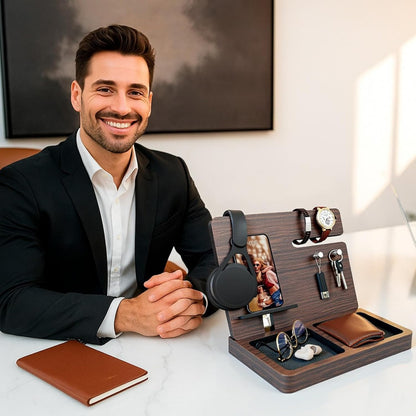 Namore Nightstand Organizer for Men – Wood Phone Docking Station & Bedside Valet Tray Organizer for Wallet, Watch & Keys – Unique Gifts for Men, Husband, Dad