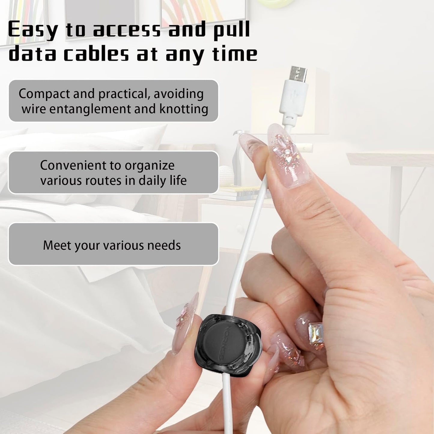 Magnetic Cable Organizer Set, 8 Pcs Easy Adhesion Desk & Wall Mount Holders for Mobile Phones and USB Cables, Perfect for Office, Kitchen, Car, and Bedside Use (Black)