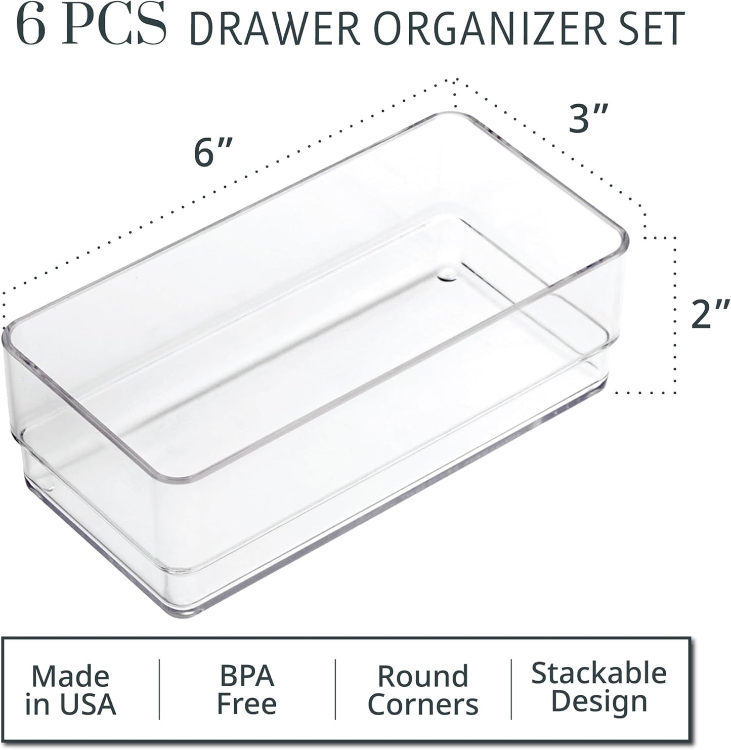 STORi SimpleSort 6-Piece Stackable Clear Drawer Organizer Set | 12" x 3" x 2" Rectangle Trays | Narrow Makeup Vanity Storage Bins and Office Desk Drawer Dividers | Made in USA