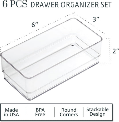STORi SimpleSort 6-Piece Stackable Clear Drawer Organizer Set | 12" x 3" x 2" Rectangle Trays | Narrow Makeup Vanity Storage Bins and Office Desk Drawer Dividers | Made in USA