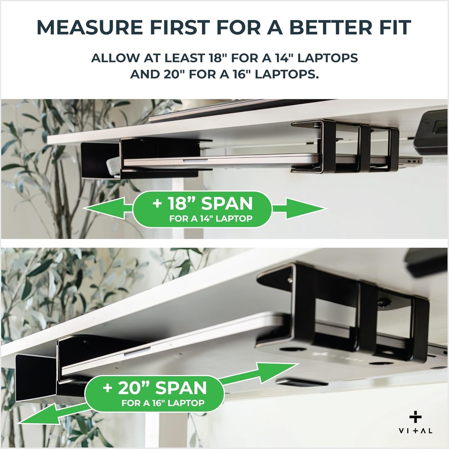 VI+AL Under Desk Laptop Mount - Hidden Metal Shelf with Side Storage, Hook & Cable Organizer - Installs with Tape & Screws - Fits Devices up to 1.7" Thick - Deluxe + LED (USB Light Strip & Remote)