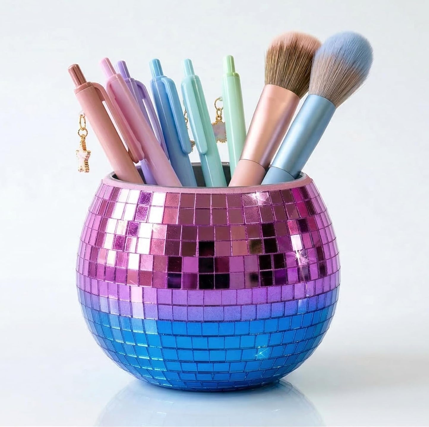 Disco Ball Makeup Brush Holder & Pen Cup - Fun Desk Accessories for Office, Cute Aesthetic Room Decor, 4.7 inch Unique gift vase for Her (rosegold)