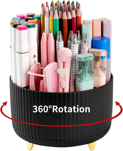 Desk Pencil Pen Holder, 5 Slots 360°Degree Rotating Pen Organizers for Desk, Desktop Storage Stationery Supplies Organizer, Cute Pencil Cup Pot for Office, School, Home, Art Supply, Dark Green