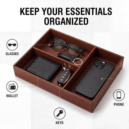 LemonRoad Leather Valet Tray for Men, Vegan Leather EDC Catch-All Organizer, Nightstand Entryway Bedside Storage Caddy for Keys, Wallets, Watches, Phones, Coins & Small Trinkets, Classic Brown