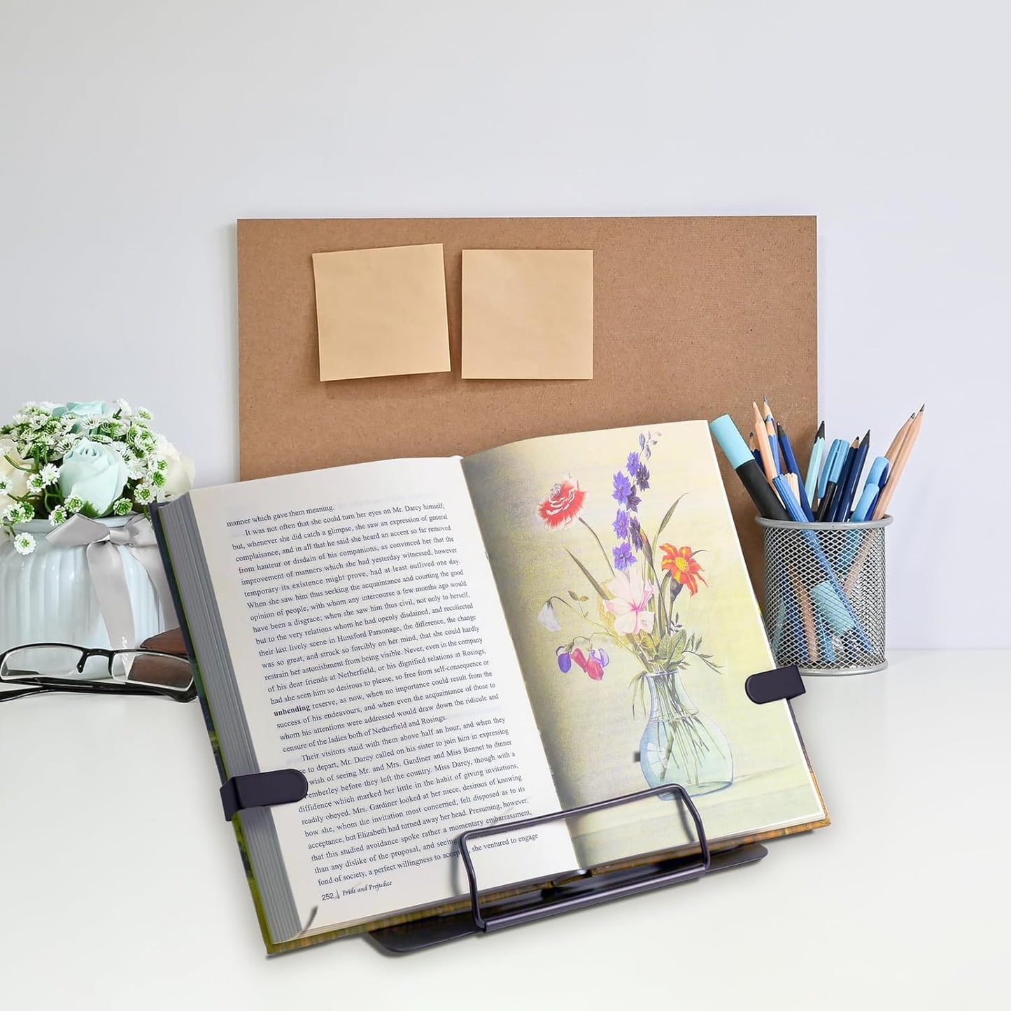Metal Desk Book Stand for Reading with Adjustable Clips, Hands-Free Foldable Book Holder for Kids, Portable Document Stand for Desk, Display Stand for Recipes, Cookbooks, Tablets - Purple