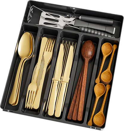 Clear Silverware Organizer for Kitchen Drawers,BPA Free Cutlery Drawer Organizer,6 Slots Plastic Utensils Organizer Suitable as In-Drawer Silverware Holder and Tray,Flatware,Knife,Fork,Spoon Organizer
