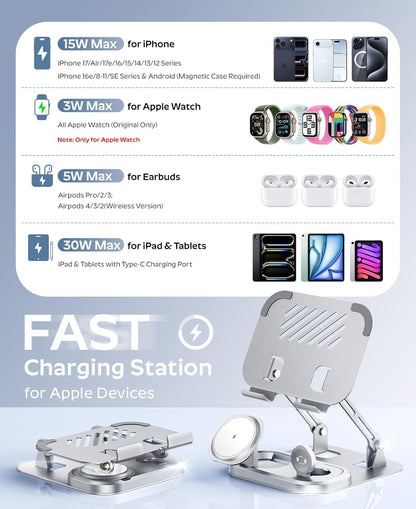 65W 5 in 1 Charging Station for Apple Multiple Devices, with 30W Fast Wired Charging Stand for iPad/Tab, Foldable Wireless Charger Design for Magsafe Charger for iPhone 17 16/Apple Watch/AirPods4