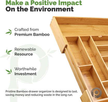 Pristine Bamboo Expandable Drawer Organizers for Kitchen - Extra Deep Non-Slip 17” x 14.6” (expands up to 25 inches) - Dark Wooden Silverware Divider (10 Compartments) – Organize Cooking Utensils