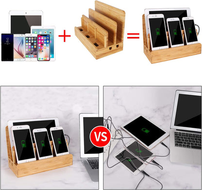 Bamboo Wood Multi-Device Desktop Dock Station Charger Holder Charging Cradle Charge Stand Compatible for iPhone 16 15 14 13 12 11 Pro Max XS XR X iPad 3 4 Mini Pro Air Samsung Huawei Smartphones
