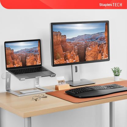 Staples TECH Adjustable Aluminum Laptop Stand – Fits 11"–17" Laptops, Ergonomic Eye‑Level Riser with Ventilated Cooling & Anti‑Slip Base, Silver