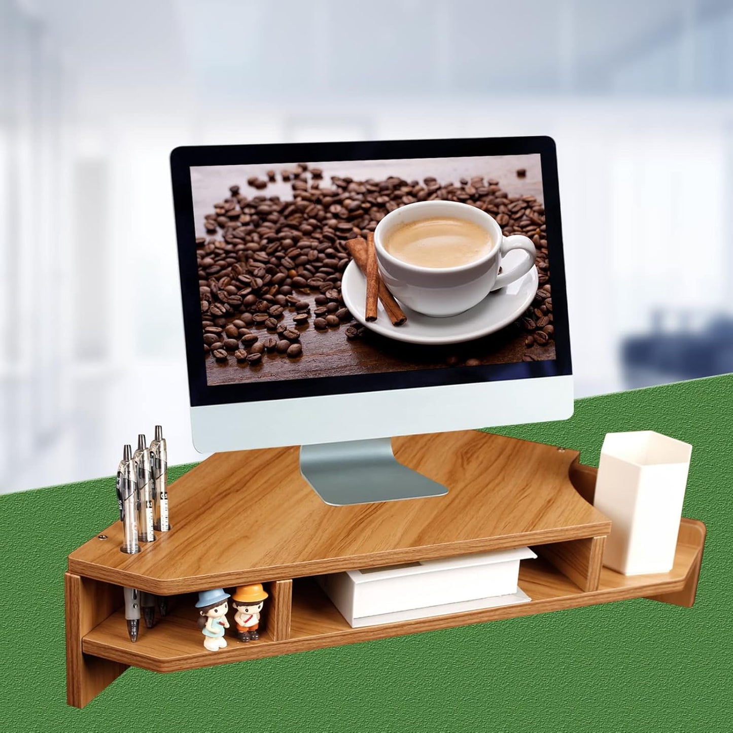 Triangle Monitor Stand Riser, Wooden Triangle Desktop Computer Stand with Office Organization, Walnut Color