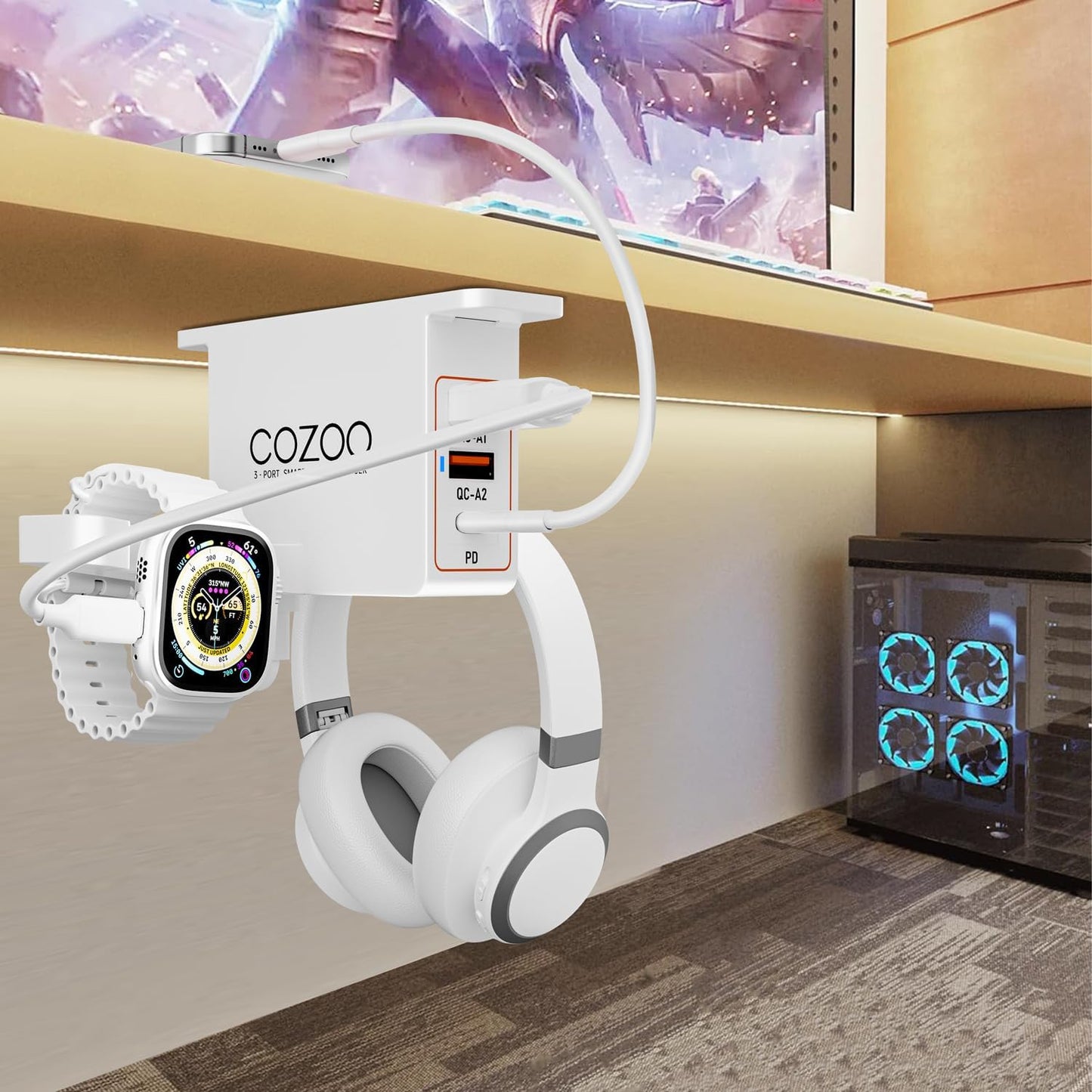 cozoo Headphone Stand with USB Charger Under Desk Headset Holder Mount 3 USB Charging Station,iWatch Stand Watch Dock Dual Earphone Hanger Hook,PC Accessories Gifts,UL Tested