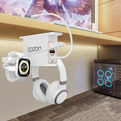 cozoo Headphone Stand with USB Charger Under Desk Headset Holder Mount 3 USB Charging Station,iWatch Stand Watch Dock Dual Earphone Hanger Hook,PC Accessories Gifts,UL Tested